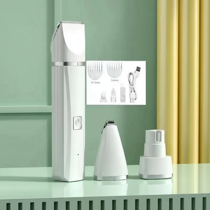 White grooming device with attachments on a green background