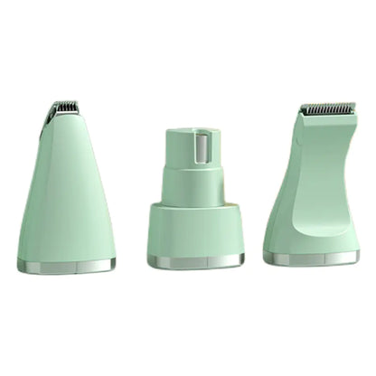 Three green hair trimmers on a white background