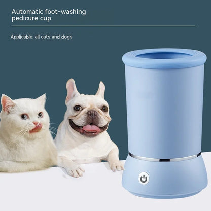 A white automatic pet foot washing cup designed for cleaning the paws of dogs and cats.