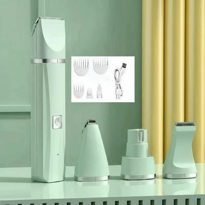 Green grooming tool set with attachments on a white surface against a green and yellow curtain background.