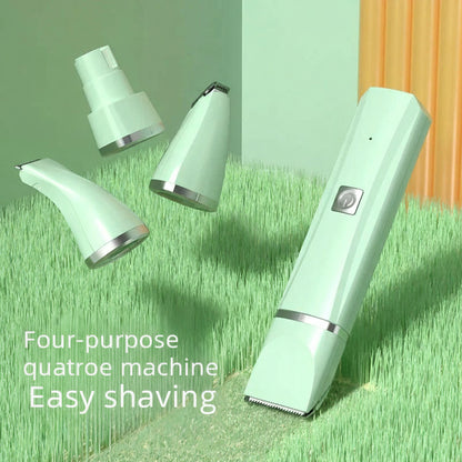 Green grooming tool with attachments on a grassy background