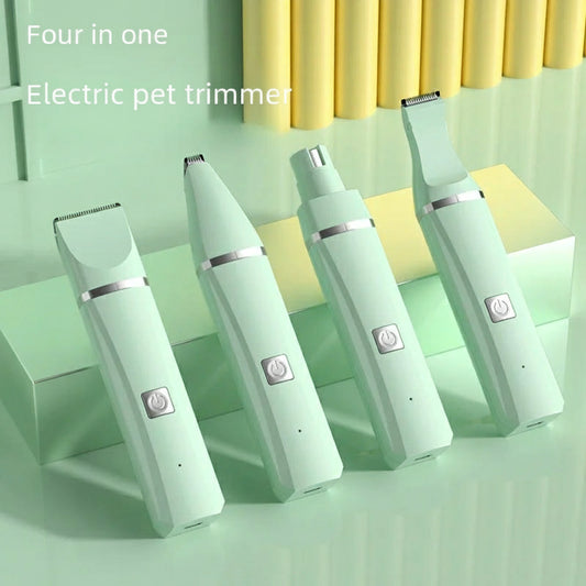 Four green pet hair trimmers on a light green background with text.
