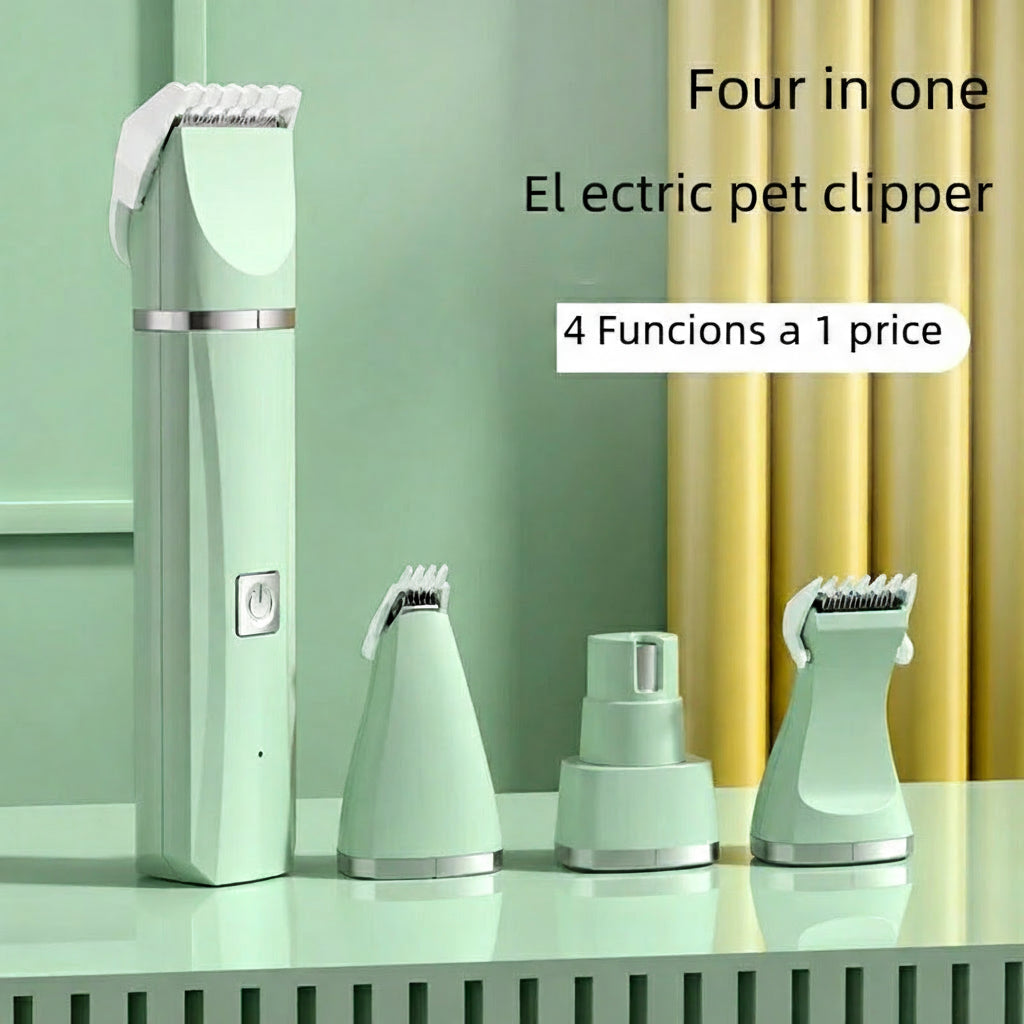 Pet grooming tool set with four functions on a green background