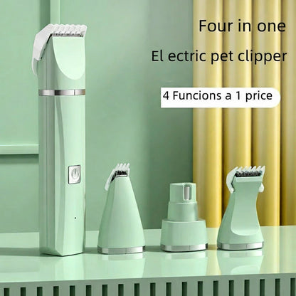 Pet grooming tool set with four functions on a green background